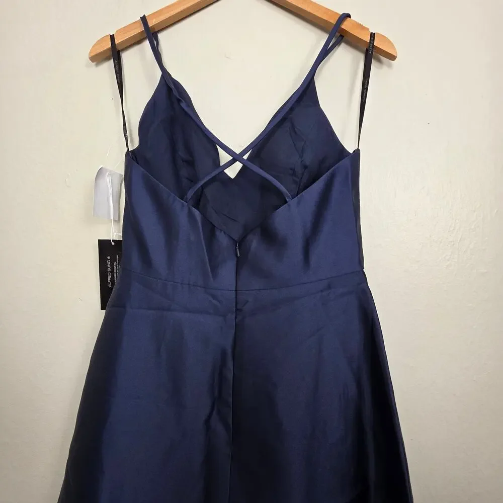 NWT Alfred Sung D750 V-Neck Full Skirt Satin Maxi Dress Midnight Blue 8 - Picture 10 of 10